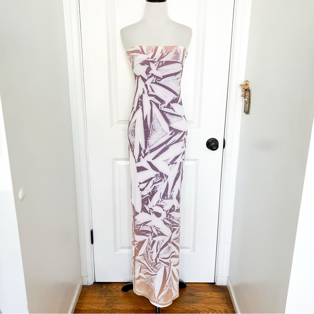 Paola Frani Purple And Cream Strapless Bodycon Maxi Dress Size 8